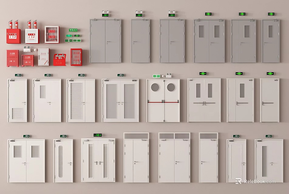 Various Types of Fire Safety Doors with Emergency Exit Signs and Fire Extinguishers 3d model 