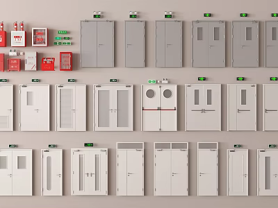 Various Types of Fire Safety Doors with Emergency Exit Signs and Fire Extinguishers 3d model