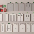 Various Types of Fire Safety Doors with Emergency Exit Signs and Fire Extinguishers