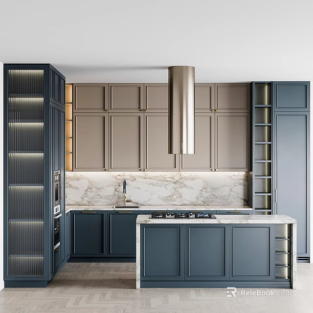 Modern Kitchen Interior With Light Brown Dark Blue Cabinets Marble Backsplash And Island Counter 3d model 