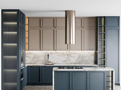Modern Kitchen Interior With Light Brown Dark Blue Cabinets Marble Backsplash And Island Counter 3d model