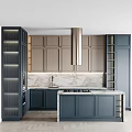 Modern Kitchen Interior With Light Brown Dark Blue Cabinets Marble Backsplash And Island Counter