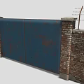 Building Exterior Wall with Solid Brick Structure Barbed Wire on Top and Iron Gate 3d model