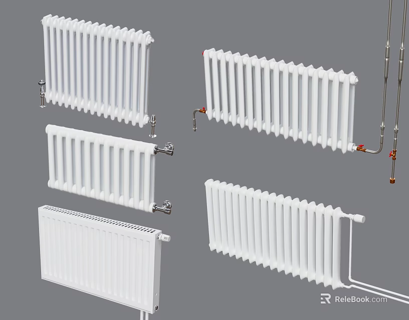 Different Types Of White Heating Radiators With Classic Design And Installation Parts 3d model 