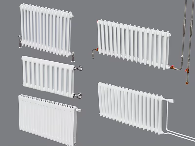 Different Types Of White Heating Radiators With Classic Design And Installation Parts 3d model