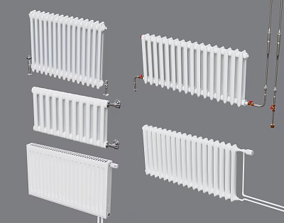 Different Types Of White Heating Radiators With Classic Design And Installation Parts 3d model
