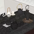 Black Gray Ceramic Tea Sets With Teapots Teacups And Trays On Wooden Table