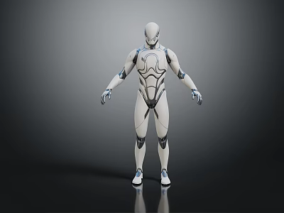 White Humanoid Robot Creature With Blue Accent Lines Standing Pose And Reflective Surface 3d model