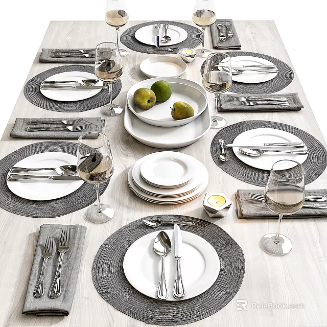 Elegant Dinnerware Set With White Plates Silver Cutlery Wine Glasses And Gray Placemats 3d model 