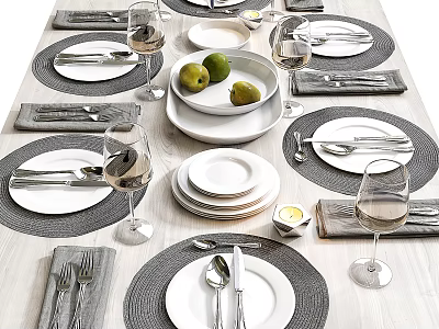 Elegant Dinnerware Set With White Plates Silver Cutlery Wine Glasses And Gray Placemats 3d model