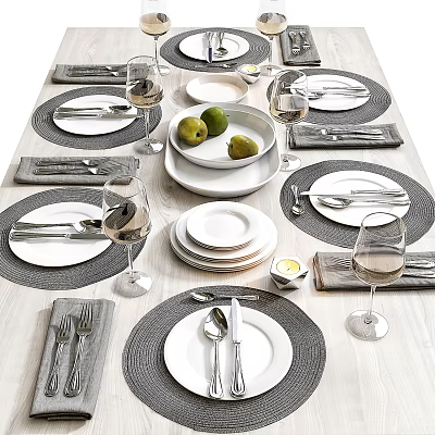 Elegant Dinnerware Set With White Plates Silver Cutlery Wine Glasses And Gray Placemats 3d model