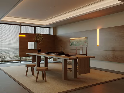 Modern Tea Room Interior With Wooden Table Stools Potted Plant And Natural Light 3d model