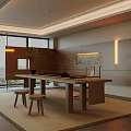 Modern Tea Room Interior With Wooden Table Stools Potted Plant And Natural Light