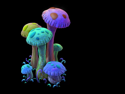 Colorful Decorative Mushrooms With Spotted Caps And Curved Stems On Black Background 3d model