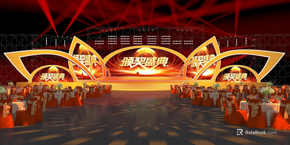 Award Ceremony Stage With Red Golden Lighting And Elegant Audience Seats Setup 3d model 