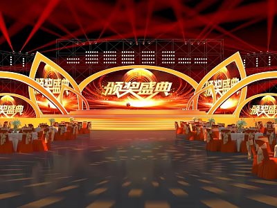 Award Ceremony Stage With Red Golden Lighting And Elegant Audience Seats Setup 3d model
