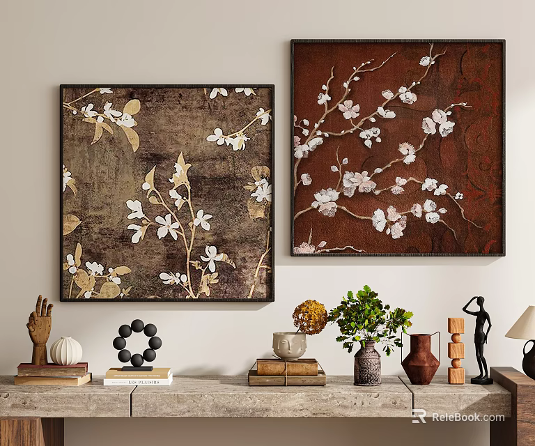 Abstract Paintings Featuring White Floral Designs Brown Red Tones And Decorative Shelf With Ornaments 3d model 