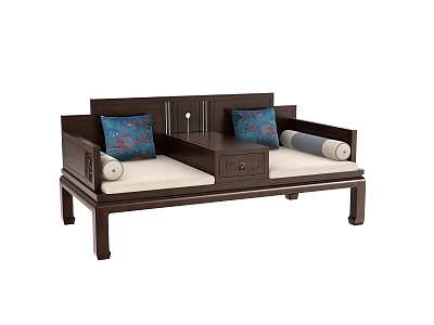 Traditional Chinese Wooden Daybed With Patterned Cushions Central Drawer And Cylindrical Bolsters 3d model