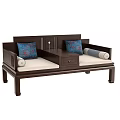 Traditional Chinese Wooden Daybed With Patterned Cushions Central Drawer And Cylindrical Bolsters