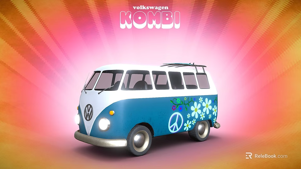 Retro Volkswagen Kombi Blue And White Minibus With Floral Patterns And Peace Sign 3d model 