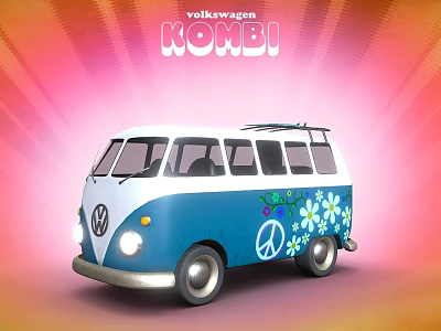 Retro Volkswagen Kombi Blue And White Minibus With Floral Patterns And Peace Sign 3d model