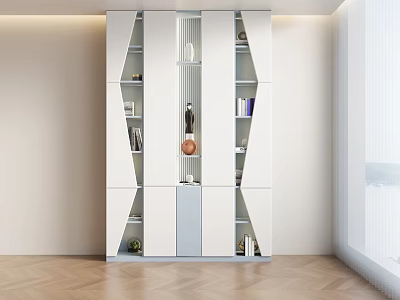 Modern White Bookshelf Design With Geometric Open Shelves And Decorative Items 3d model