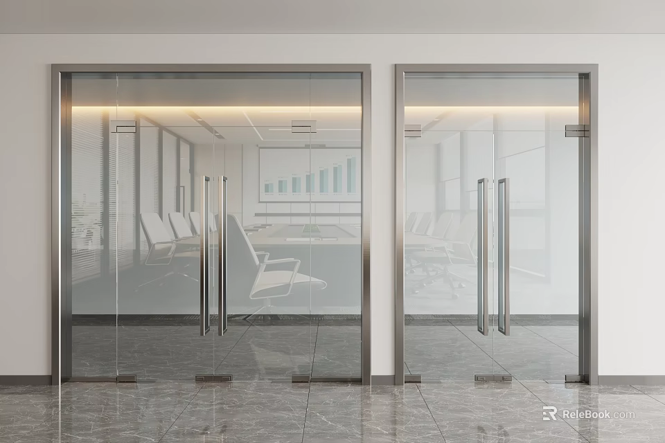Glass Double Doors With Stainless Steel Frame For Office Conference Room 3d model 