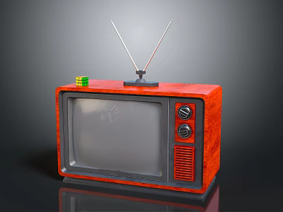 Vintage Retro TV Set With Wooden Case Antenna And Colorful Rubik's Cube On Top 3d model