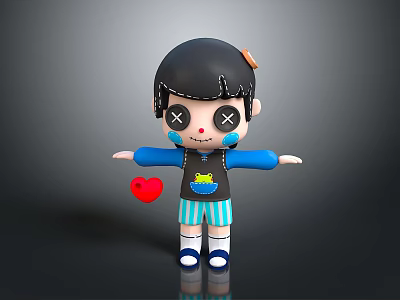 3D Cartoon Sculpture Carving With Black Hair Cross Eyes Blue Shirt Striped Shorts Red Heart 3d model