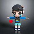 3D Cartoon Sculpture Carving With Black Hair Cross Eyes Blue Shirt Striped Shorts Red Heart