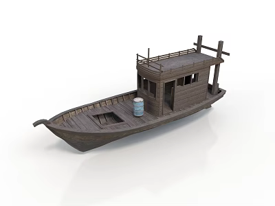 Wooden Boat With Small House Structure And White Bucket On Deck 3d model