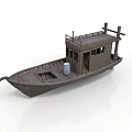 Wooden Boat With Small House Structure And White Bucket On Deck