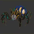 Detailed Black Yellow Blue Spider With Glowing Green Eyes And Segmented Body