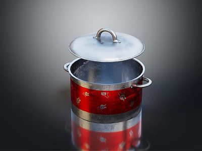 Silver Cooking Pot With Lid And Red Floral Decorative Band Handles 3d model