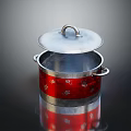 Silver Cooking Pot With Lid And Red Floral Decorative Band Handles