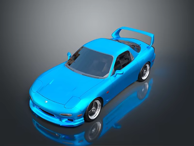 Shiny Sleek Blue Sports Car With Rear Spoiler On Reflective Surface 3d model