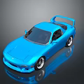 Shiny Sleek Blue Sports Car With Rear Spoiler On Reflective Surface