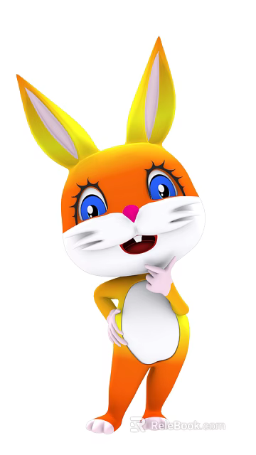 Animated Game Character Cute Orange Yellow Rabbit With Big Blue Eyes Hand On Chin 3d model 