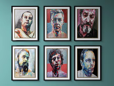 Six Colorful Portrait Oil Paintings With Black Frames On Turquoise Wall 3d model
