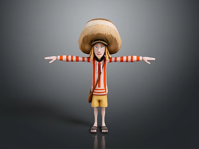 Charming Daily Living Supplies Featuring Straw Hat Striped Shirt Yellow Shorts Sandals And Small Bag 3d model