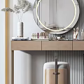 Modern Dressing Table Interior With Round Mirror Cosmetics Stool And Striped Wall 3d model