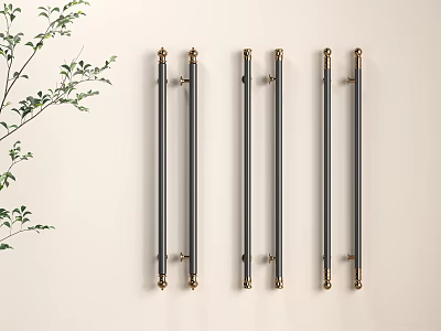 Black And Gold Metal Door Handles Arranged On Light Wall With Green Plant Decoration 3d model