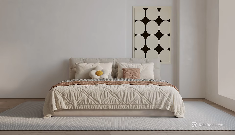 Double Bed With Light Gray Pink Pillows Quilted Bedspread And Geometric Wall Art 3d model 