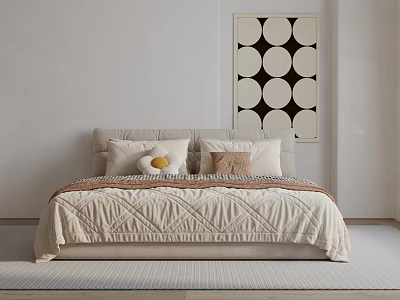 Double Bed With Light Gray Pink Pillows Quilted Bedspread And Geometric Wall Art 3d model