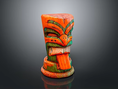 Traditional Polynesian Tiki Mask Carved With Orange Green Hues And Decorative Details 3d model