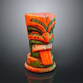 Traditional Polynesian Tiki Mask Carved With Orange Green Hues And Decorative Details