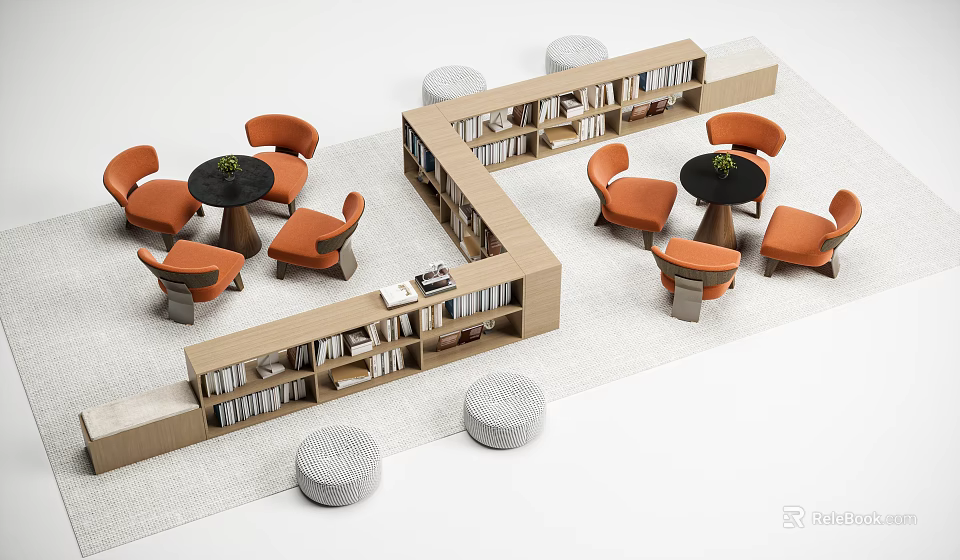 Modern Bookcase Design With Orange Chairs Round Tables And Books In Seating Area 3d model 