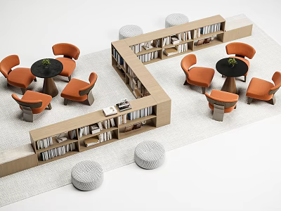 Modern Bookcase Design With Orange Chairs Round Tables And Books In Seating Area 3d model