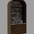 Stylish Wooden Sideboard with Marble Back Panel and Shelves Holding Dishes Glasses and Decor