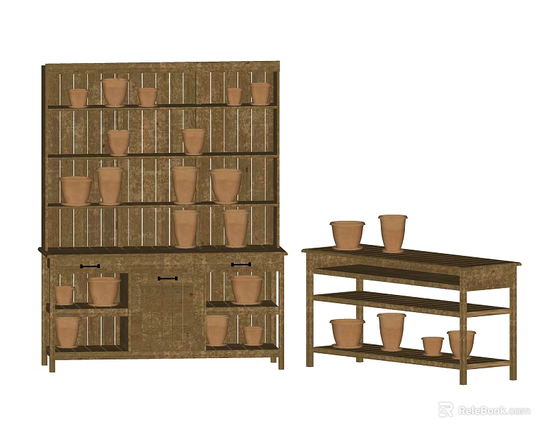 Tall Wooden Decorative Cabinet And Side Shelf Displaying Clay Pots 3d model 